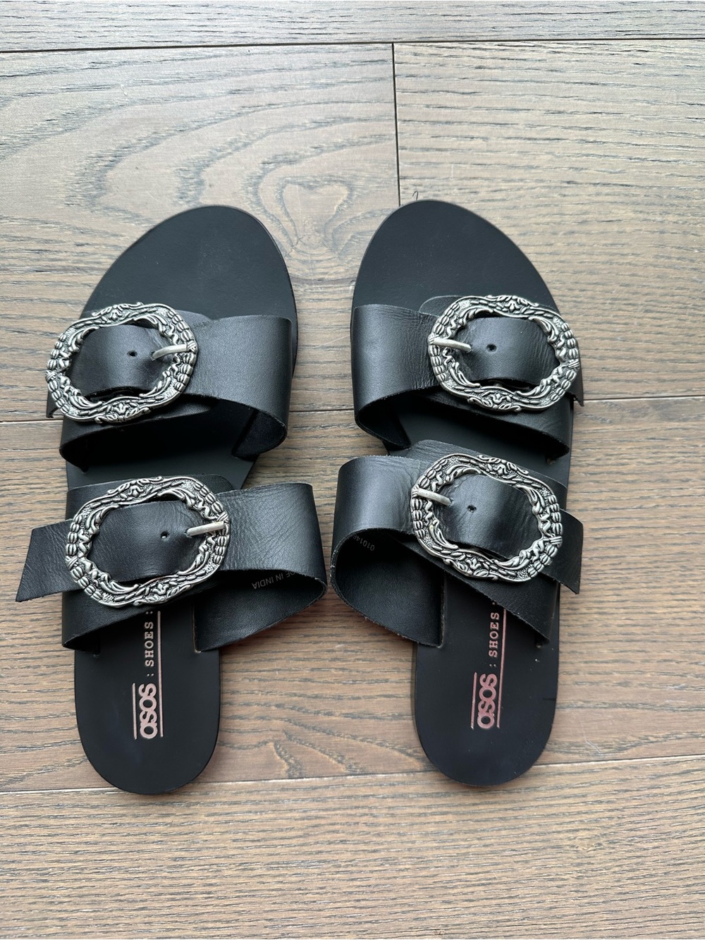 ASOS Black Double-Buckle Slide Sandals with Ornate Silver Buckles